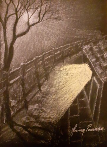 Irving, Country cottage at night, pastels.